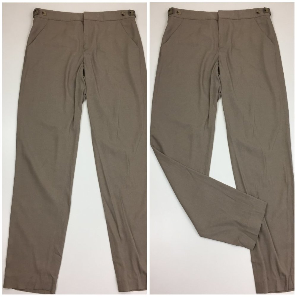 HELMUT LANG Taupe Linen Blend Adjustable Waist Buckle Dress Pant